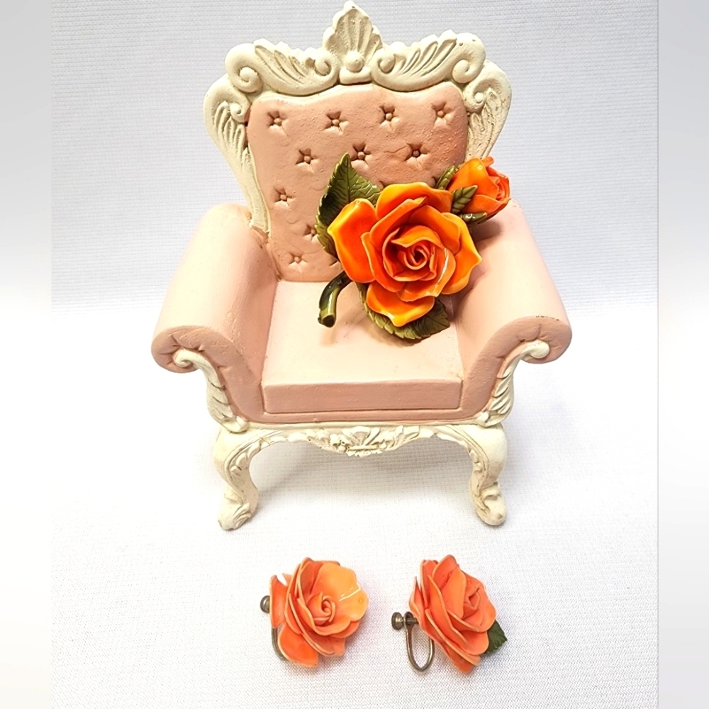 Vintage Orange Enamel Rose and Bud Brooch and Earrings